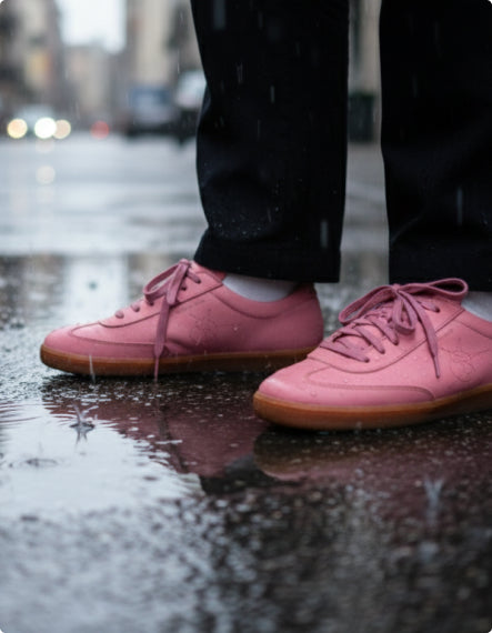 Pink sneakers on a wet pavement with blurred background