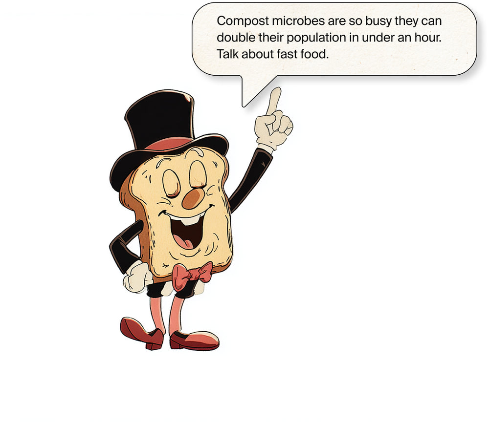 Cartoon character in a top hat with a speech bubble about compost microbes.