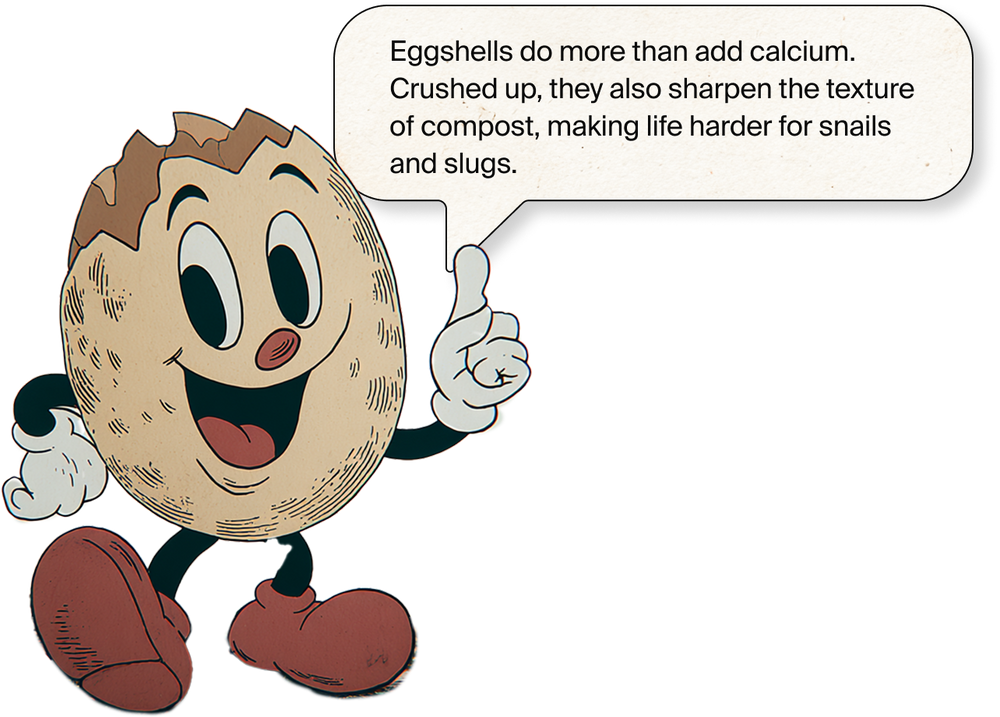 Cartoon eggshell character with a speech bubble explaining the benefits of crushed eggshells.