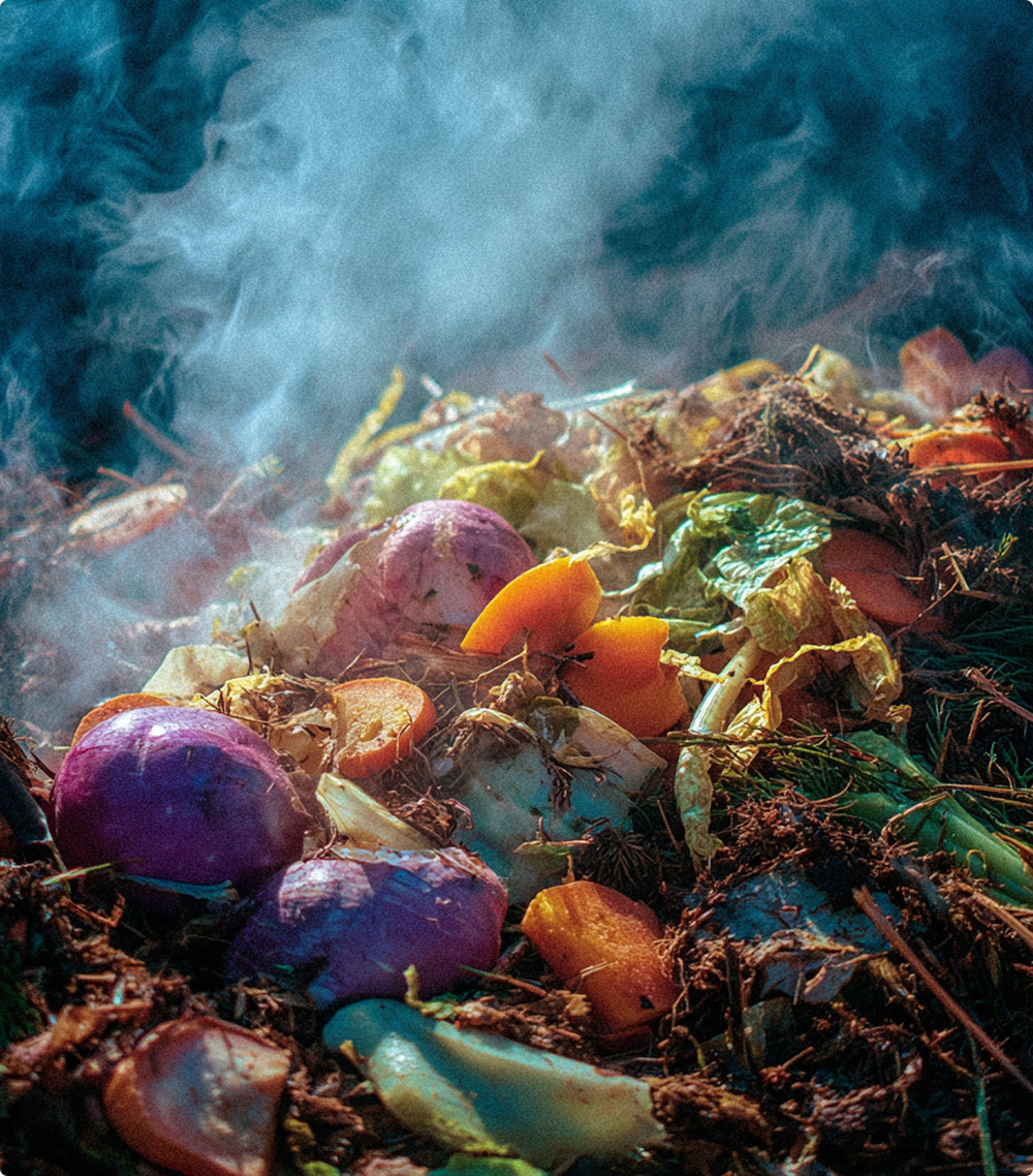Colorful vegetables and fruits in a compost pile with smoke