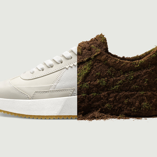 White sneaker on the left and brown textured material on the right against a light gray background